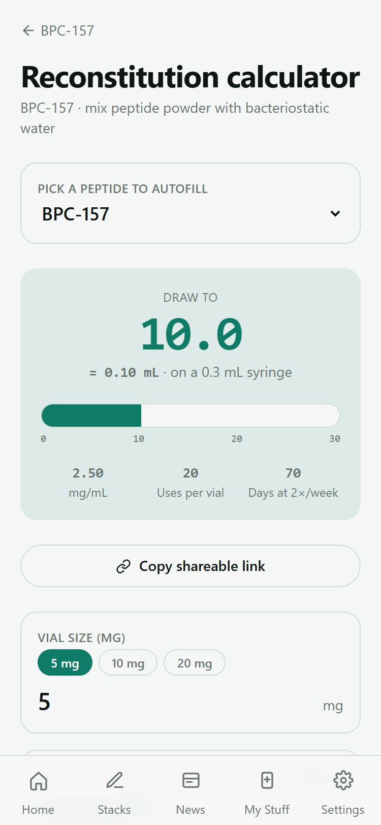 Dose calculator results with syringe scale