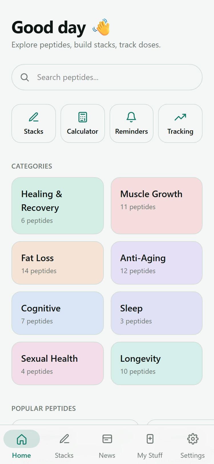 Peptora home screen with search and quick actions