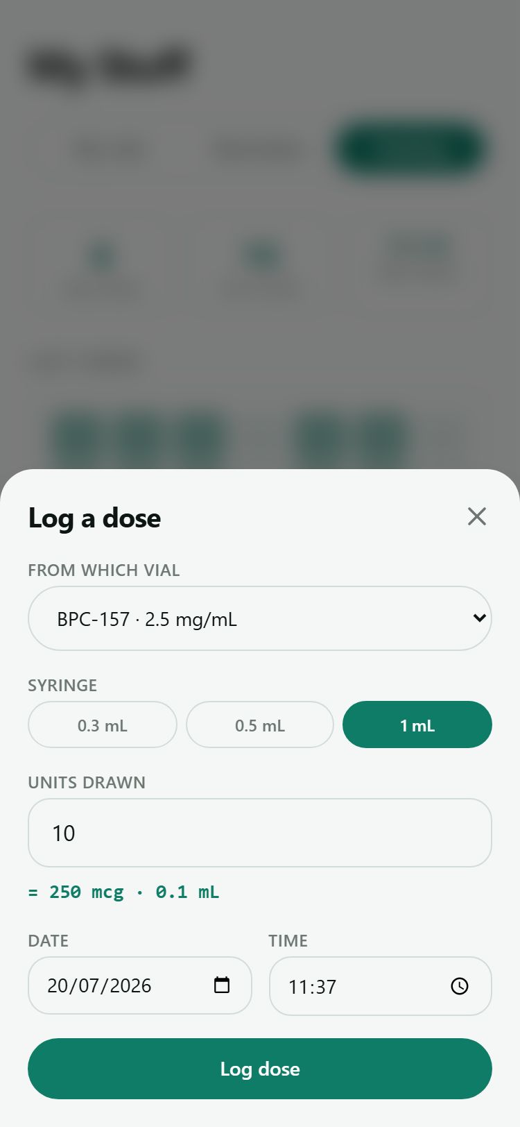 Log dose form with vial, syringe and units