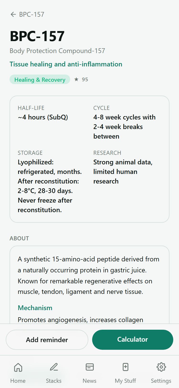Peptide detail page with quick facts