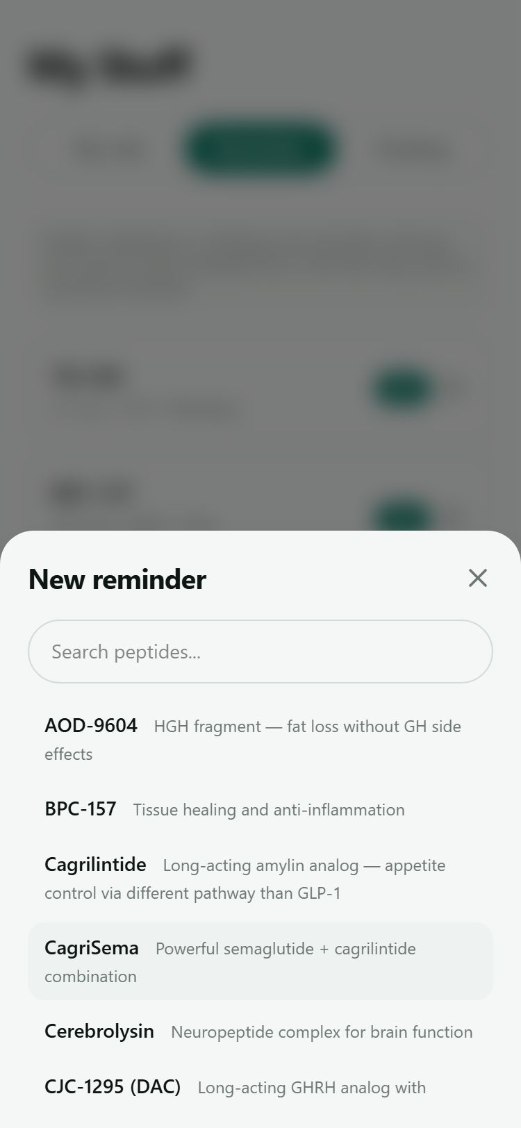 New reminder form with peptide, dose, time and days