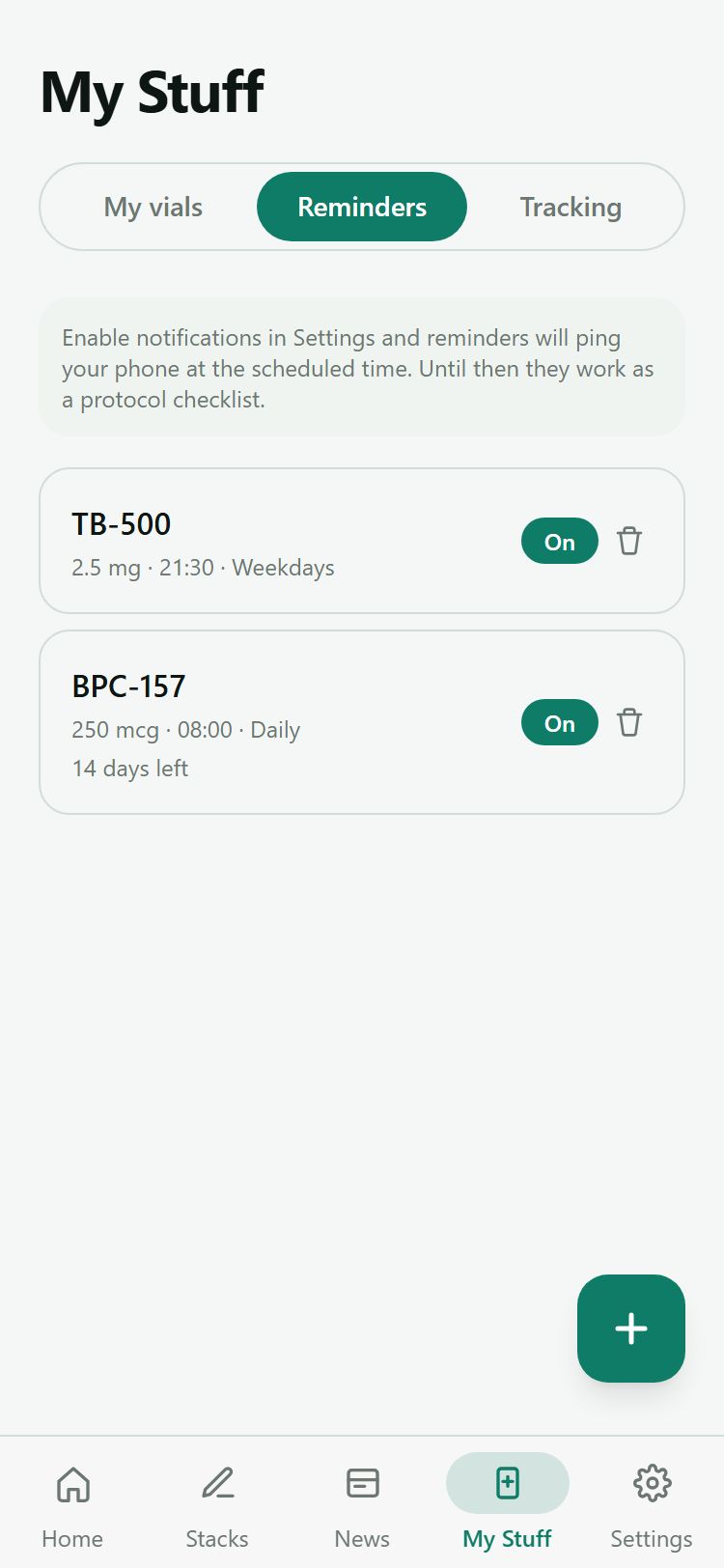 Reminders list with protocol countdown