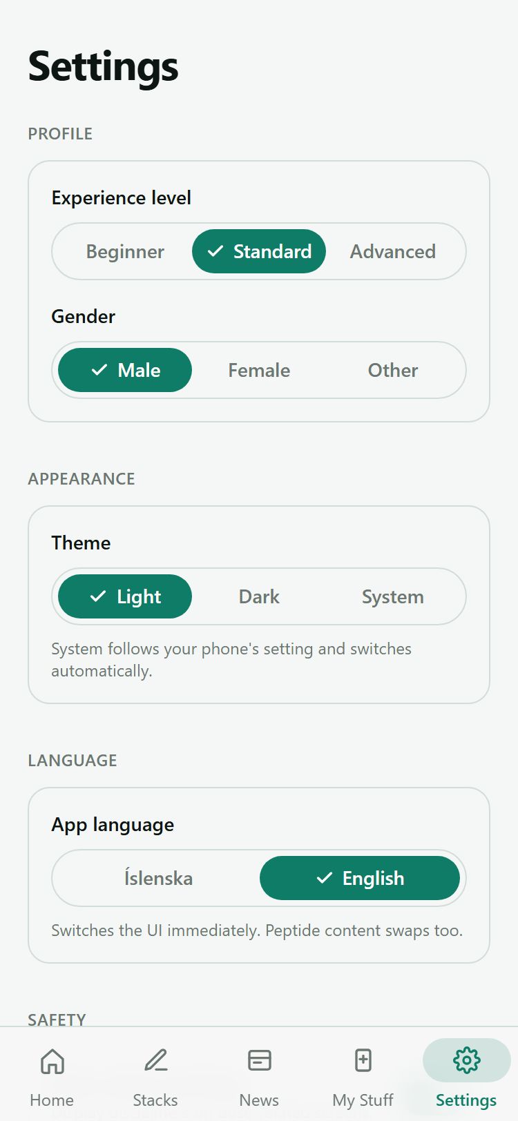 Peptora settings screen