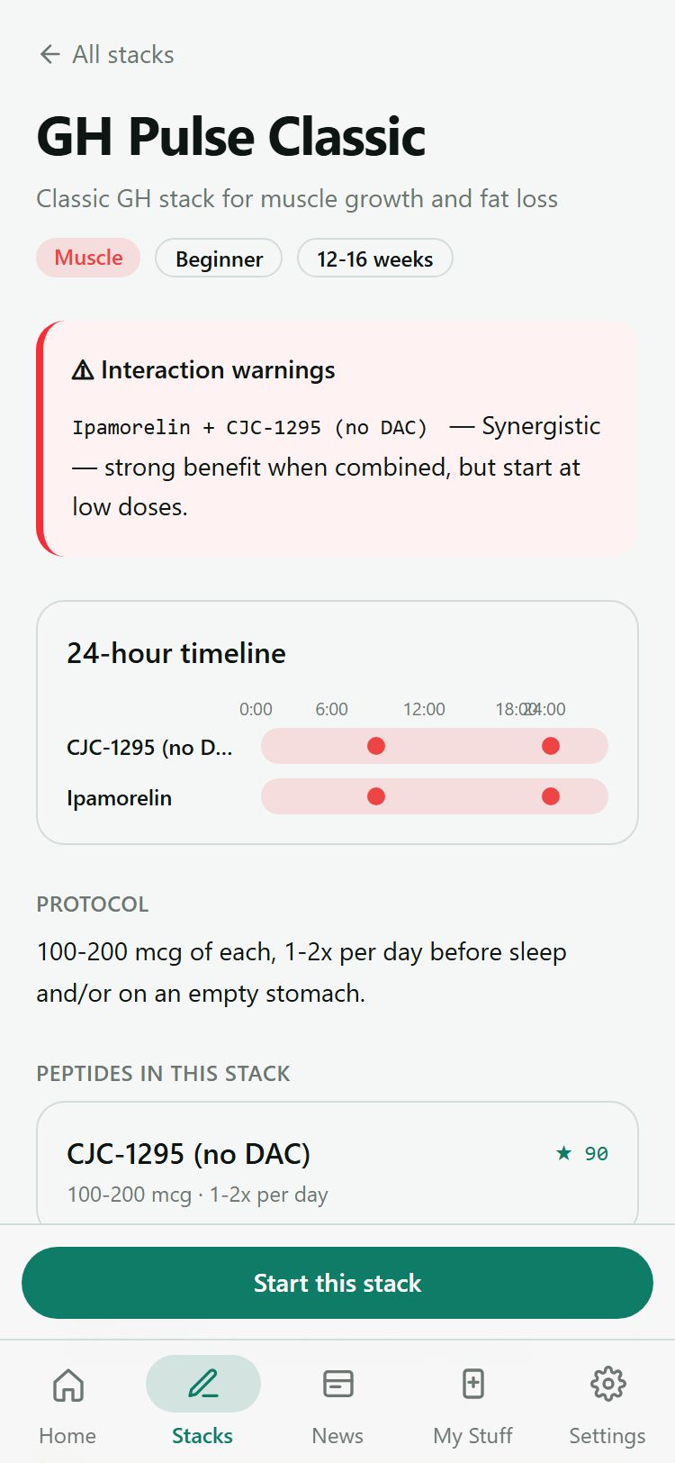 Stack detail page with doses and 24-hour timeline
