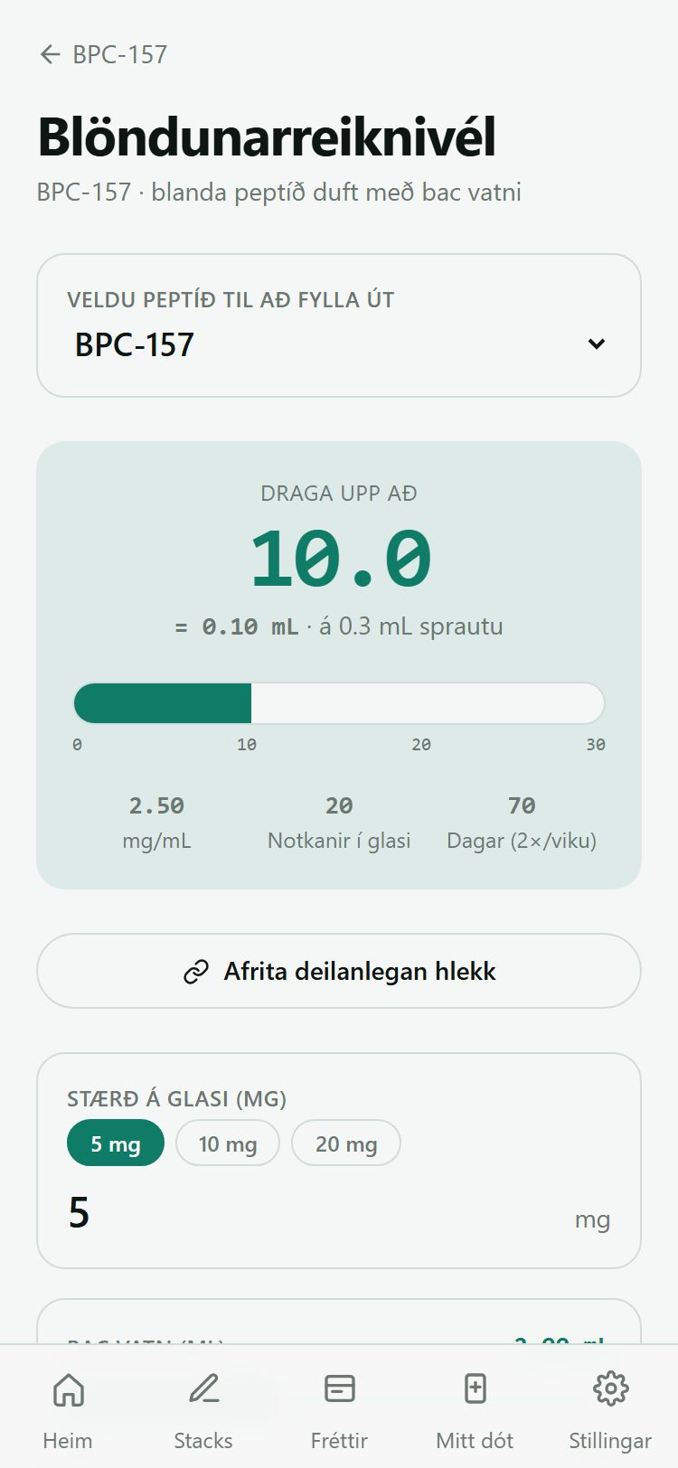 Niðurstöður skammtareiknivélar með sprautukvarða
