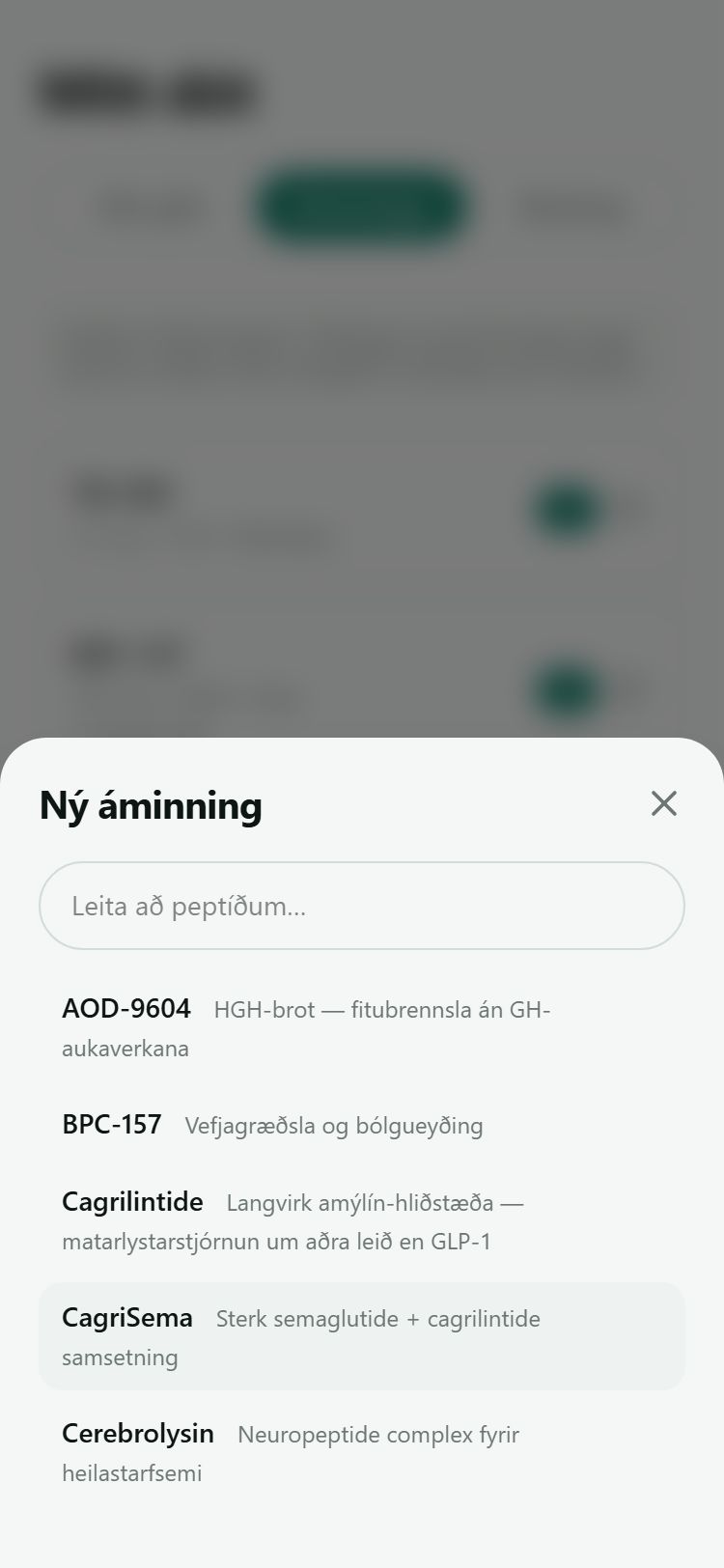 Form fyrir nýja áminningu: peptíð, skammtur, tími og dagar