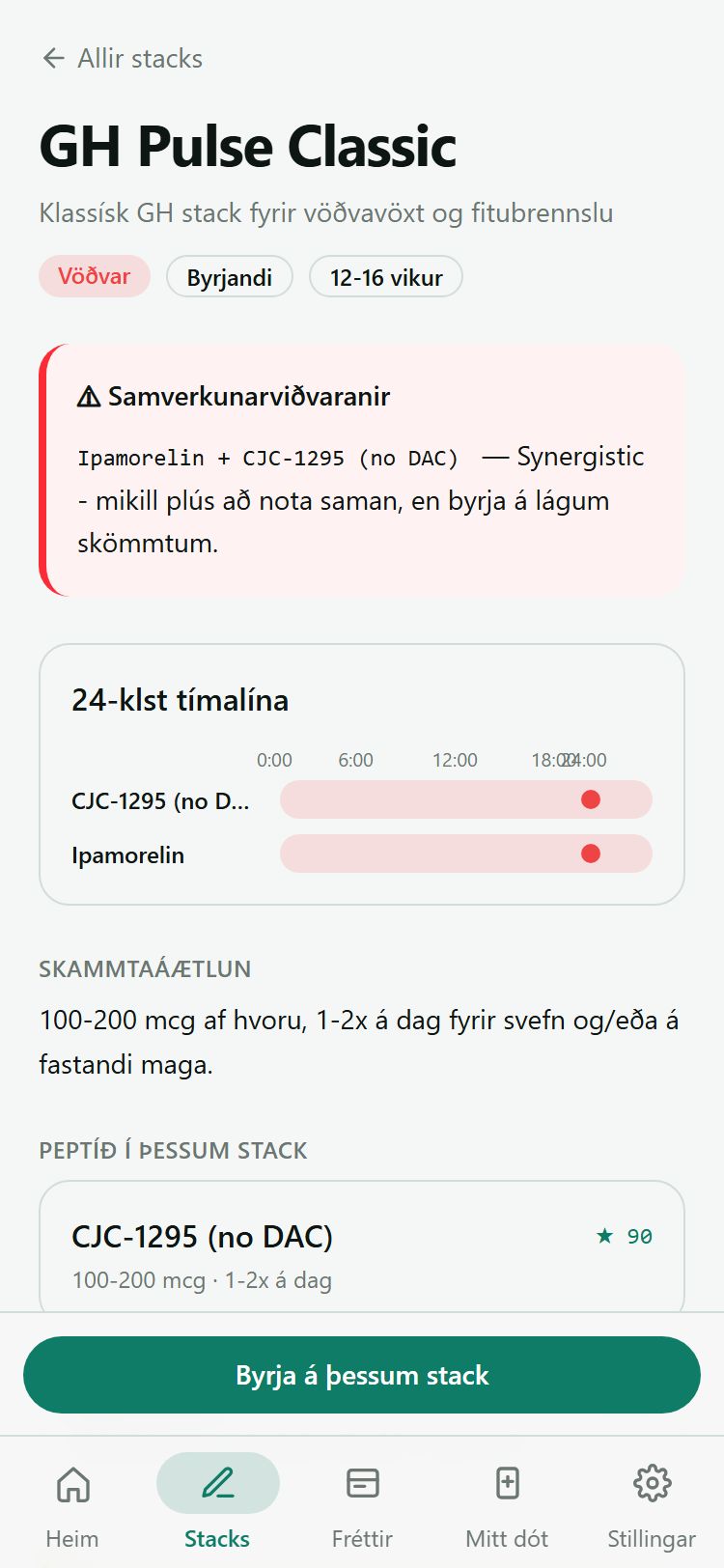 Upplýsingasíða stacks með skömmtum og 24 tíma tímalínu